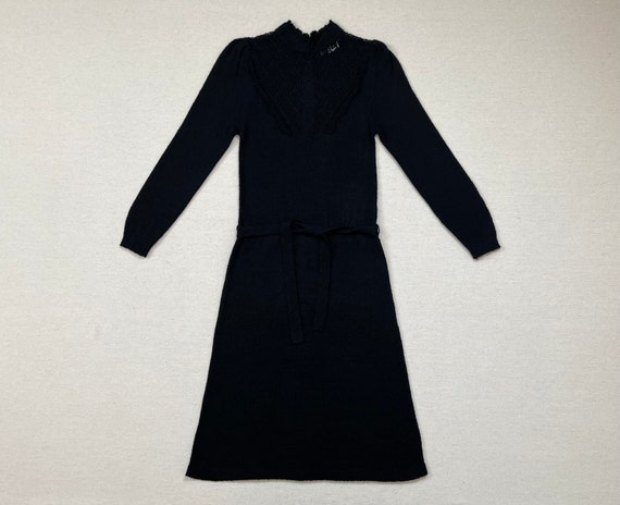 1970's, knit, belted, A-line dress in black - image 1