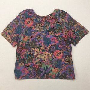 1990&#39;s, rayon, short sleeve, blouse, in lavender, teal, terracotta, rose, brown, mustard, and sage, ornate, floral print