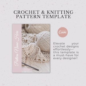 May include: A pink and white template for crochet and knitting patterns. The template includes a photo of yarn, crochet work, and a crochet hook. Text on the template reads "CROCHET & KNITTING PATTERN TEMPLATE" and "Pattern Name Here."