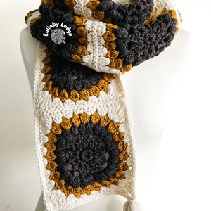 Crochet Granny Square Scarf PDF PATTERN, pretty sunflower motifs, digital download