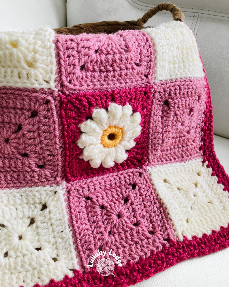 PDF PATTERN Make this pretty Gingham & Daisies crochet granny squares baby blanket Flower motifs Instant digital download... image 9