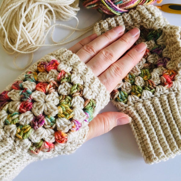 Crochet Granny Square Mitts PDF PATTERN, quick & easy fingerless gloves pattern, digital download