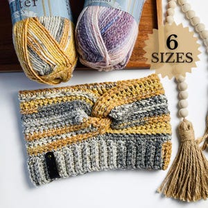 Patrón y videotutorial de calentador de orejas de crochet, tallas de bebé a adulto L, diadema retorcida fácil de hacer