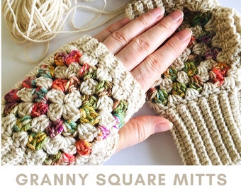 Crochet Granny Square Mitts PDF PATTERN, quick & easy fingerless gloves pattern, digital download