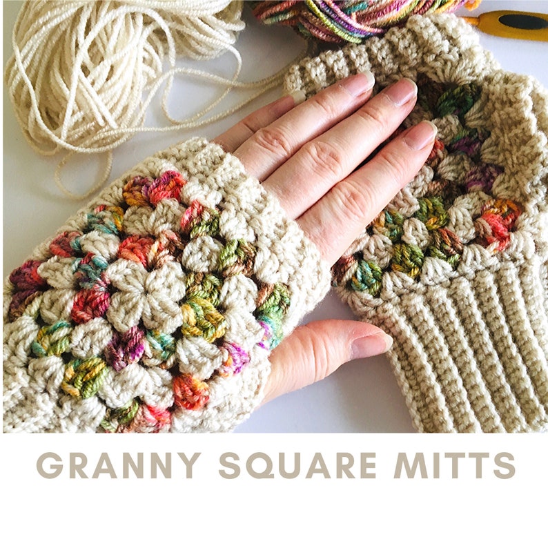 Crochet Granny Square Mitts PDF PATTERN, quick & easy fingerless gloves pattern, digital download image 1