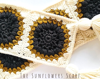 Crochet Granny Square Scarf PDF PATTERN, pretty sunflower motifs, digital download