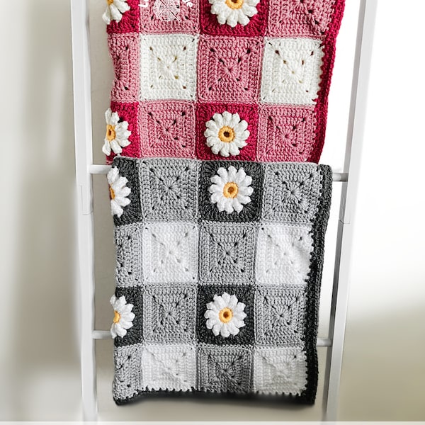 PDF PATTERN -  Make this pretty Gingham & Daisies crochet granny squares baby blanket - Flower motifs - Instant digital download...