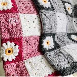 PDF PATTERN Make this pretty Gingham & Daisies crochet granny squares baby blanket Flower motifs Instant digital download... image 1