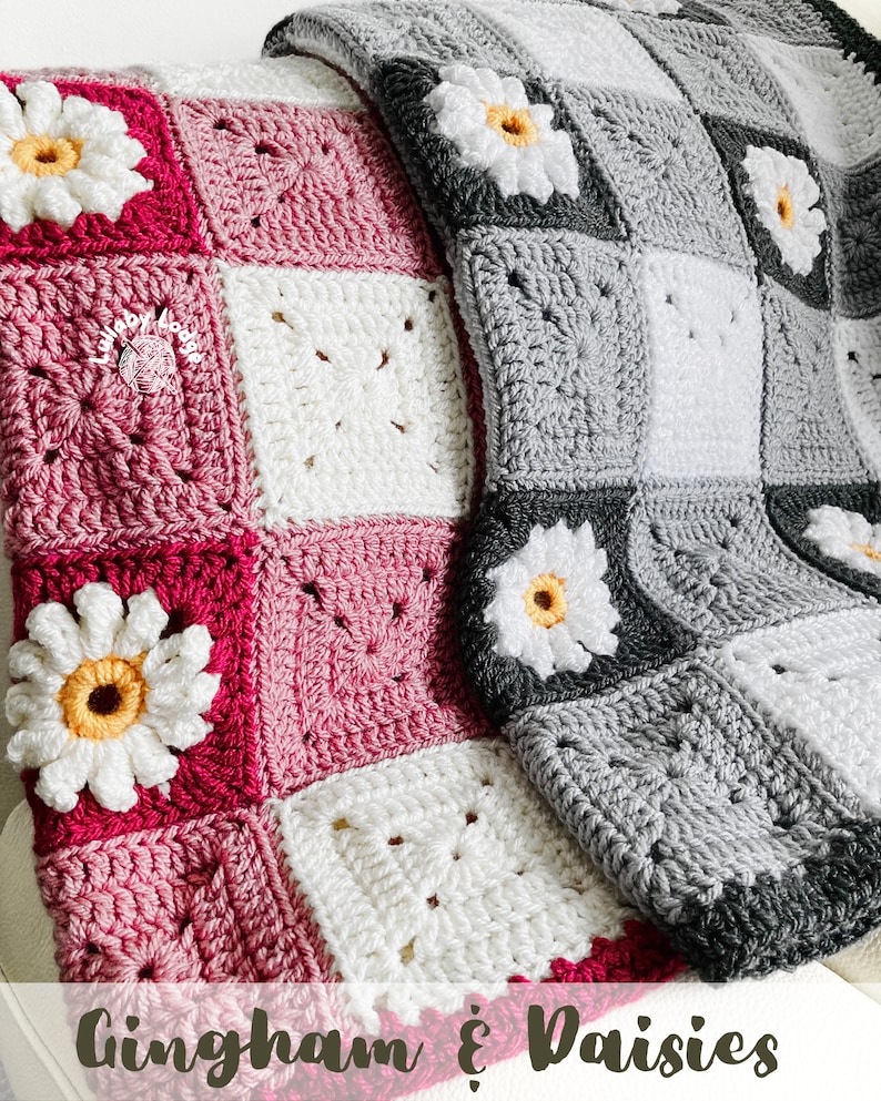 PDF PATTERN Make this pretty Gingham & Daisies crochet granny squares baby blanket Flower motifs Instant digital download... image 1