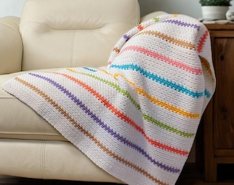 Patrón fácil de ganchillo para manta de bebé a rayas, 5 tamaños. Ideal para colocar sobre el asiento del coche, como decoración para la habitación del bebé o como regalo para baby shower. Manta para bebé para principiantes.
