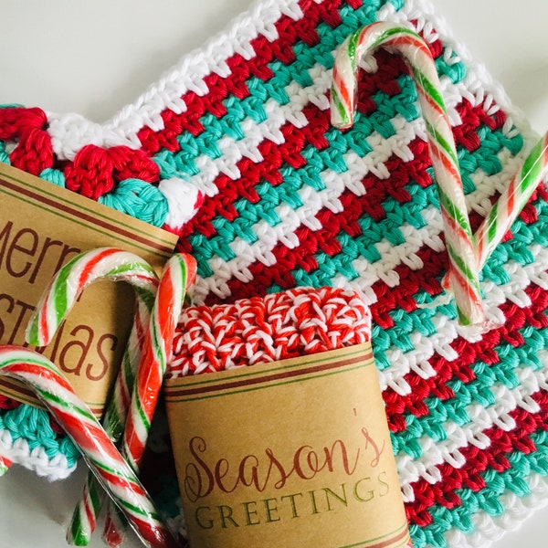 Dishcloth pattern bundle, Christmas crochet dishcloths, Candy Cane Collection, 3 patterns included & free festive printable labels