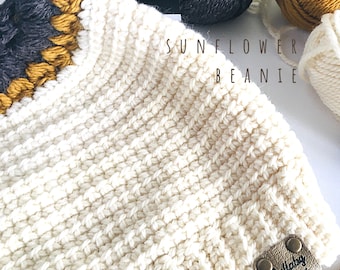 Crochet Sunflower Beanie PDF PATTERN, pretty sunflower motif, digital download
