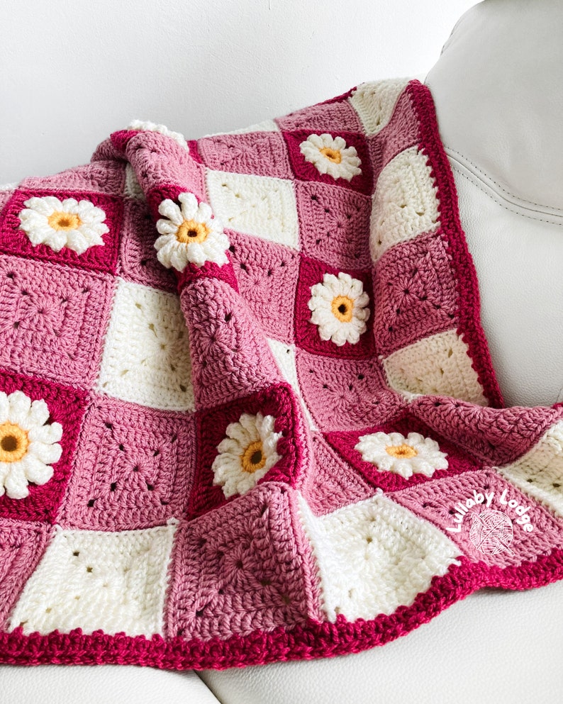 PDF PATTERN Make this pretty Gingham & Daisies crochet granny squares baby blanket Flower motifs Instant digital download... image 6