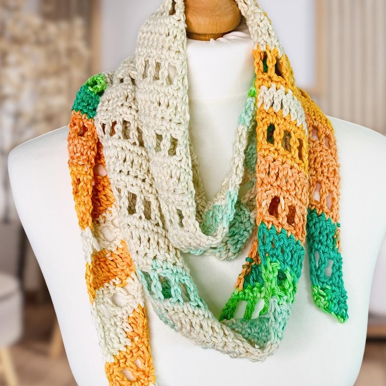 Summer Skinny Scarf crochet scarf pattern listing photo by LullabyLodge