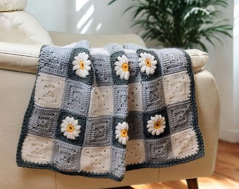 Gingham and Daisies Granny Squares Baby Blanket Crochet Pattern, 3 sizes, Flower Motifs, Floral Design Afghan