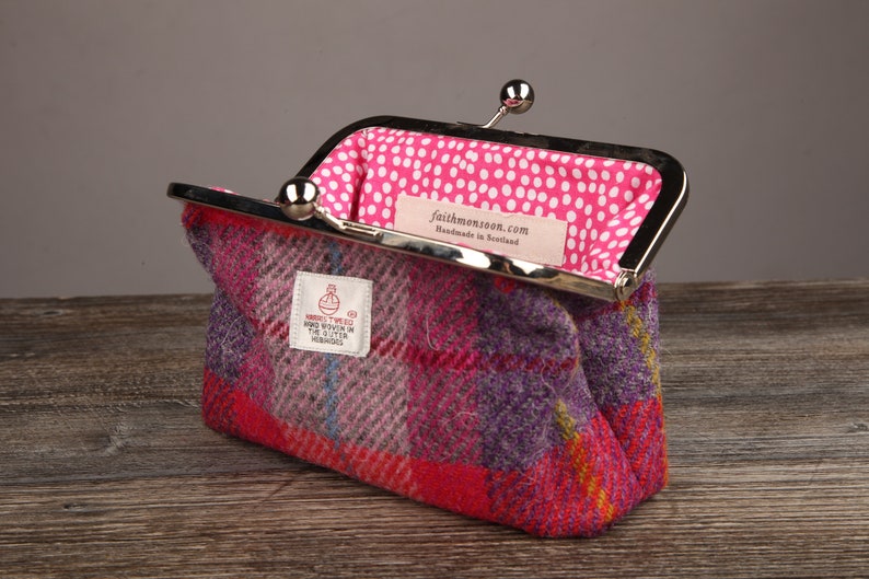 Pink Purple Fuschia Check Tartan Harris Tweed Large Clasp Purse Handmade in Scotland