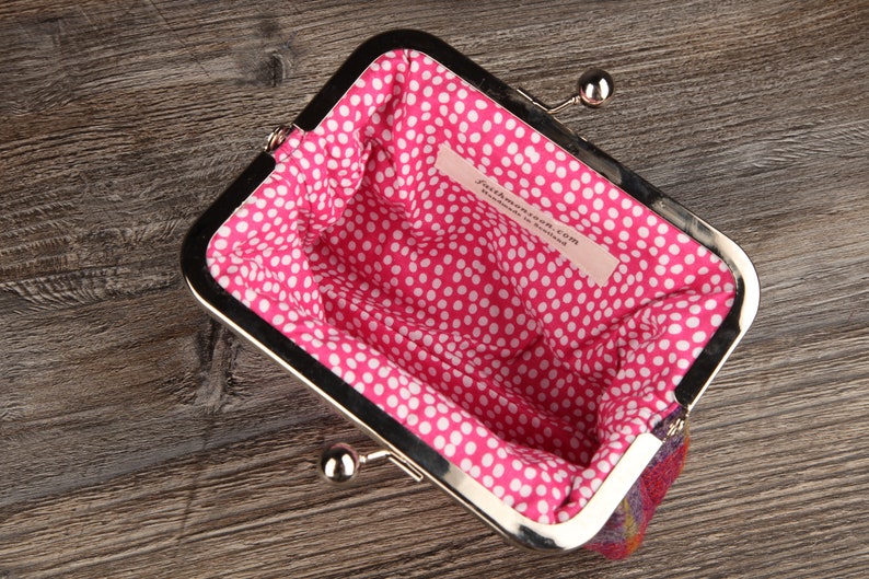 Pink Purple Fuschia Check Tartan Harris Tweed Large Clasp Purse Handmade in Scotland