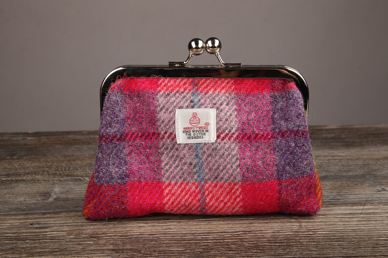 Pink Purple Fuschia Check Tartan Harris Tweed Large Clasp Purse Handmade in Scotland