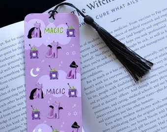 Magic Themed Bookmark, Cat Bookmark, Halloween Bookmark, Purple Bookmark, Bookmark with Tassel