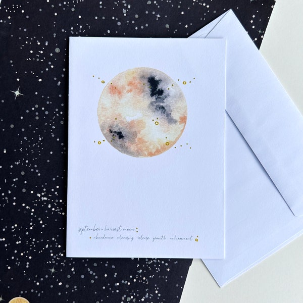 Harvest Moon Greeting Card, September Moon Card, Celestial Watercolor, Spiritual Meaning