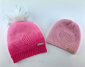 Crochet Pattern: My Love Beanie, Slouch & Messy Bun, Sizes Toddler - Adult Lg, Permission sell finished items, Instant Download