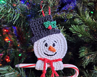 CROCHET PATTERN | Crochet Snowman Man Candy Cane Holder, Candy Cane Holder, Snowman Ornament, Snowman Crochet Ornament, PDF