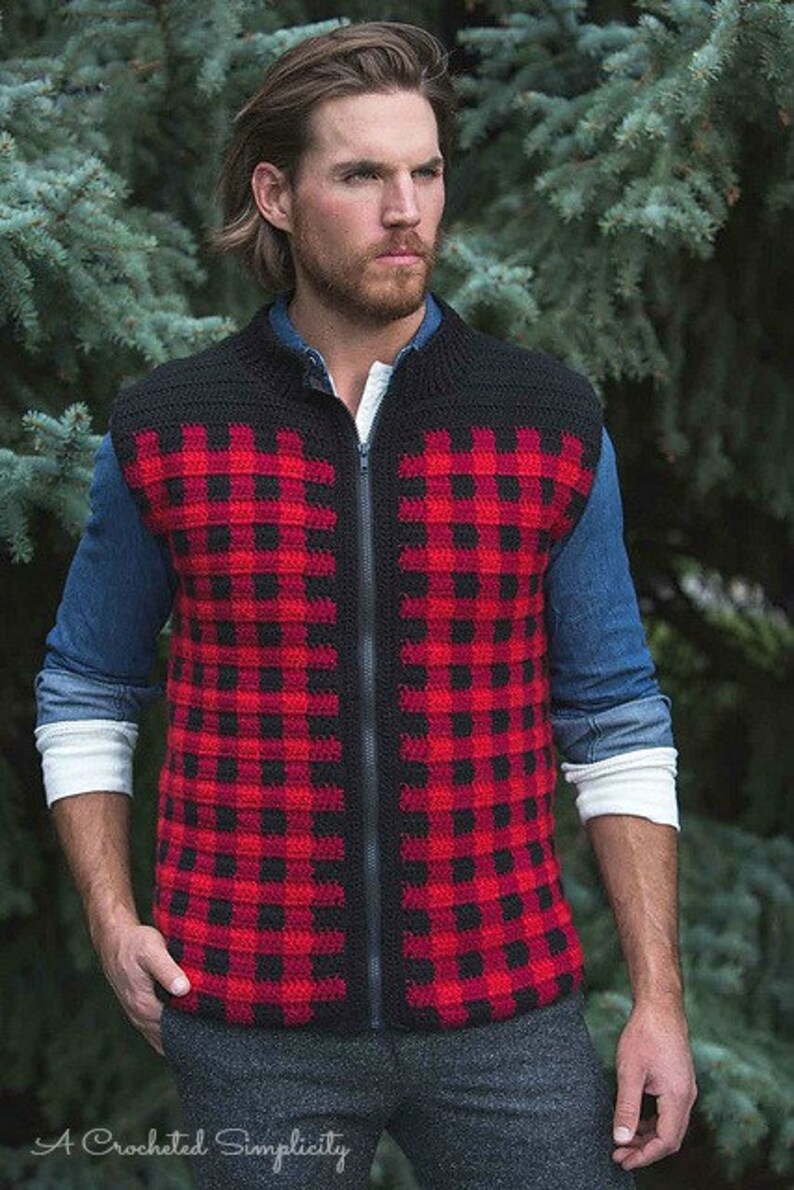 Crochet Pattern: Mens Plaid Zipper Front Vest, Mens Sizes S thru 2XL Permission to Sell Finished Items image 2