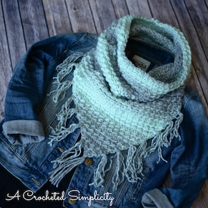 May include: A crocheted infinity scarf with a textured stitch pattern and fringe. The scarf is in shades of grey and light blue.