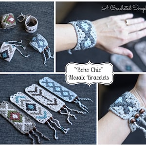 May include: A set of five crocheted bracelets with geometric patterns in shades of gray, blue, and brown. The bracelets have tassels and beads. The bracelets are labeled "boho chic" mosaic bracelets.