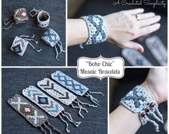 Crochet Pattern: "Boho Chic" Mosaic Bracelets 4-in-1; Permission to Sell Finished Items Instant Download