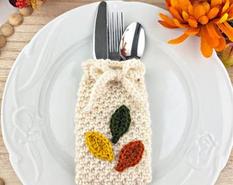 Crochet Cutlery Holder Pattern | Fall Leaves Crochet Flatware Holder | Fall Crochet Decor | Thanksgiving Table Decor | PDF Crochet Pattern