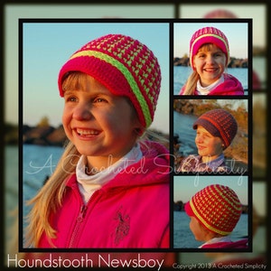 May include: A pink and green houndstooth newsboy hat with a brim. The hat is crocheted and has a bright green trim. The hat is being worn by a child.