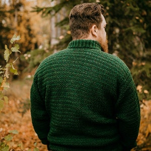 Pu&ograve; includere: Un maglione all'uncinetto verde scuro con collo alto e motivo a punto strutturato. La persona indossa il maglione all'aperto in un ambiente forestale con foglie autunnali.