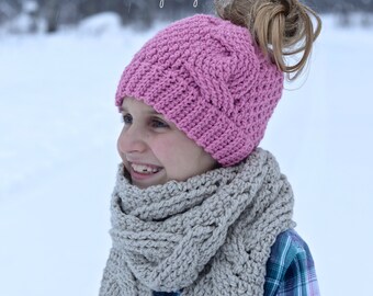 Crochet Pattern: Big Bold Cabled Ponytail / Messy Bun, Beanie & Slouch, Sizes Toddler, Child, Teen, Adult Small, Adult Medium / Large