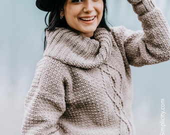 CROCHET SWEATER PATTERN | Aelia Cable Crochet Pullover | Women's Crochet Sweater | Crochet Cowl Neck Sweater Pattern | Instant Download