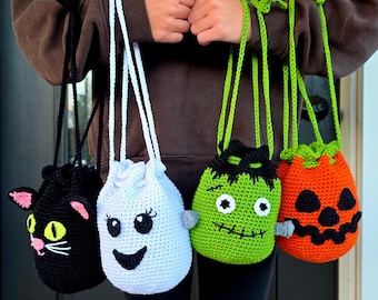 Halloween Crochet Treat Bag PATTERN | Ghost | Frankenstein | Jack-O-Lantern | Pumpkin Bag | Black Cat Crochet Treat Pouch | Downloadable Pdf