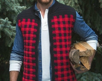 Crochet Pattern: Mens Plaid Zipper Front Vest, Mens Sizes S thru 2XL  Permission to Sell Finished Items