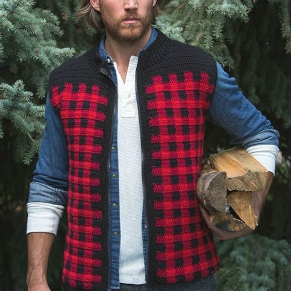 Crochet Pattern: Mens Plaid Zipper Front Vest, Mens Sizes S thru 2XL  Permission to Sell Finished Items