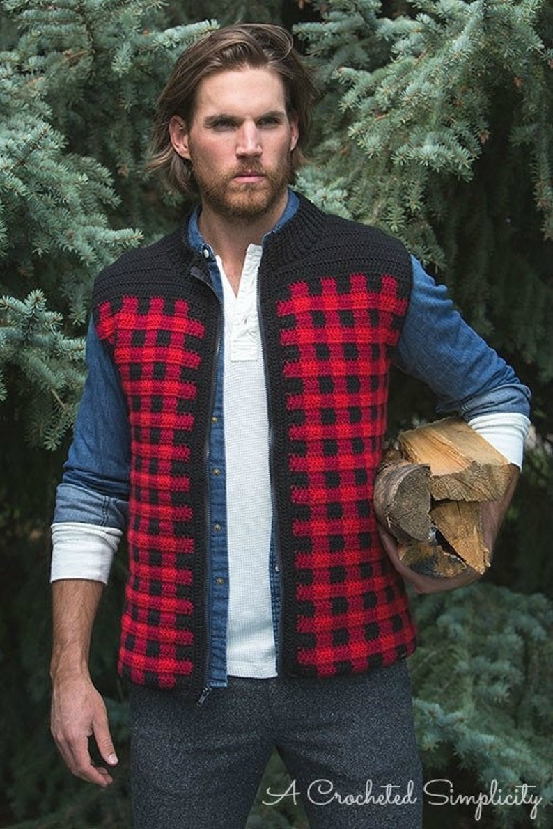 Crochet Pattern: Mens Plaid Zipper Front Vest, Mens Sizes S thru 2XL Permission to Sell Finished Items image 1