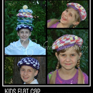 May include: Four children wearing colorful crocheted flat caps. The caps are in various colors and patterns, including pink, purple, white, and blue. The caps are all flat and have a simple design. The children are all smiling and looking at the camera. The image is titled "KIDS FLAT CAP" and includes the text "COPYRIGHT 2013 a CROCHETED SIMPLICITY".