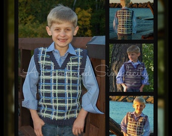 2 Crochet Patterns: "Perfectly Plaid or Plain" Boys Sweater Vest, Sizes 0/3 months thru 14 years Permission to Sell Finished Items