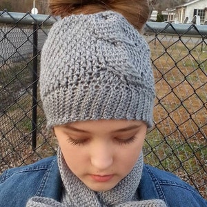 Crochet Pattern: Big Bold Cabled Ponytail / Messy Bun, Beanie & Slouch, Sizes Toddler, Child, Teen, Adult Small, Adult Medium / Large image 4