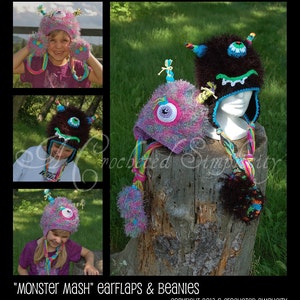 Crochet Pattern: Monster Mash Earflap  or Beanie Hat Newborn thru Adult, Permission To Sell Finished Items