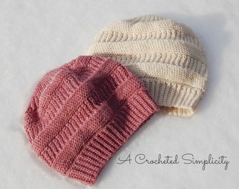 Crochet Pattern: "Purl Illusions" Slouch & Messy Bun Hat, Sizes Child, Teen/Adult Small, Adult Medium / Large