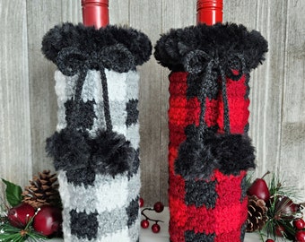 Crochet Wine Cozy Pattern, Crochet Buffalo Plaid Wine Cozy Pattern, Crochet Buffalo Check Pattern, Buffalo Plaid Cozy, INSTANT DOWNLOAD PDF