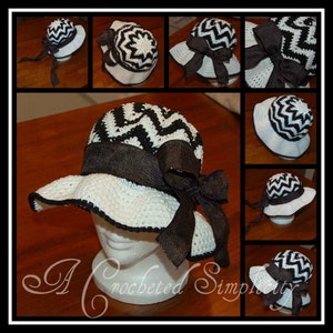 May include: A white and black crocheted sun hat with a wide brim and a black ribbon tied in a bow. The hat is on a white mannequin head.