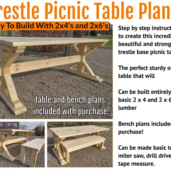 DIY Trestle Base Picnic Table Plans - Includes Bench Plans Too!