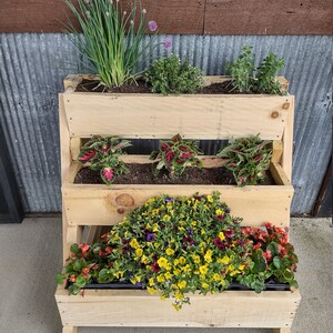 Puede incluir: Un macetero de madera de tres niveles con una variedad de plantas, incluyendo cebollino, hierbas y plantas con flores. El macetero est&aacute; hecho de madera natural y tiene un aspecto r&uacute;stico.