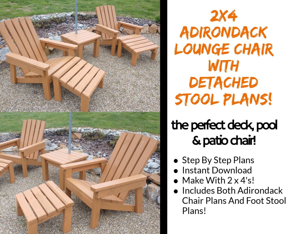 2 x 4 Adirondack Lounge Chair Plans With Detached Foot Stool Etsy