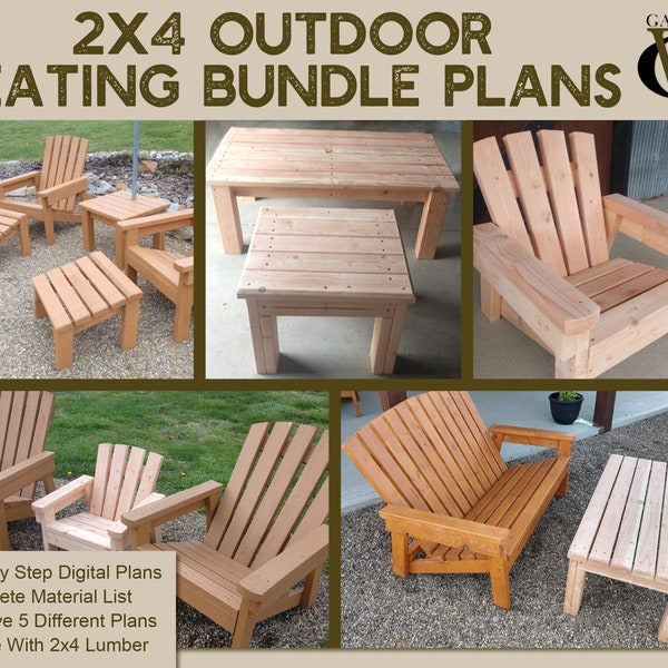 2x4 Outdoor Seating Bundle Plans - Plans For Adirondack Chair, Bench, Foot Stool, End Table, Coffee Table & Kids Chair